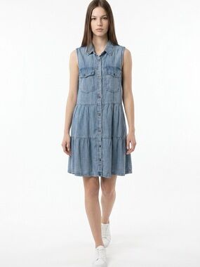 Aqua Light Blue Sleeveless Denim Tiered Dress
